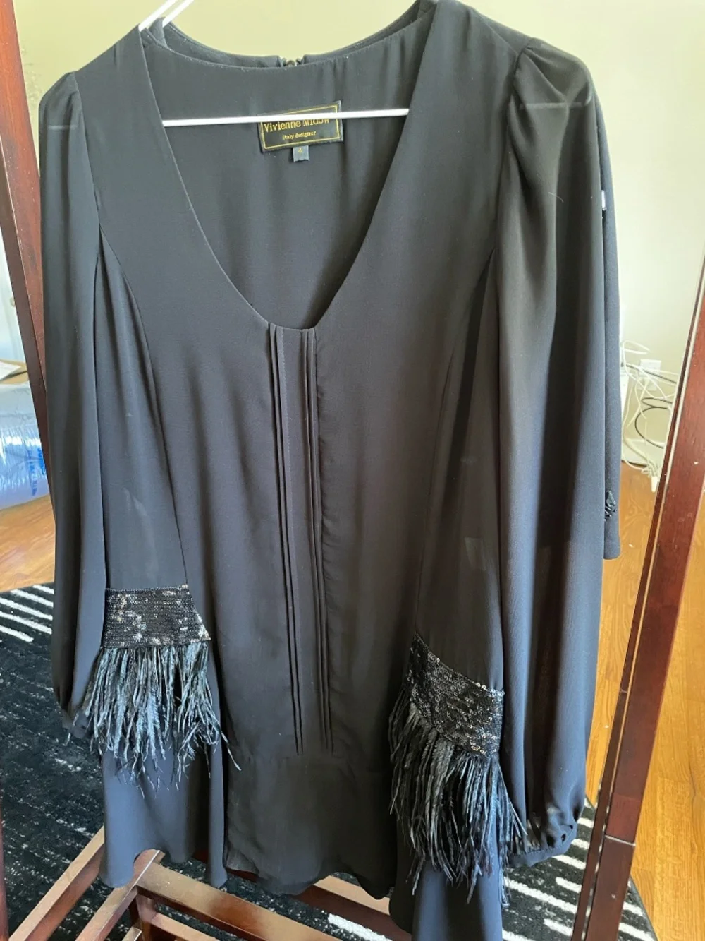 Italy Designer Black Silk Mini Dress | Sequin & Feather Detail | S - Picture 1 of 6